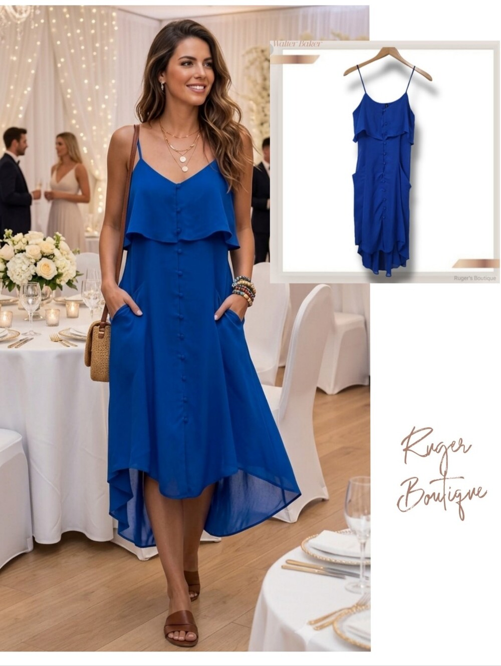 🌿M118 By Walter Baker Women's XS Blue Fully Lined Spaghetti Strap Button Dress